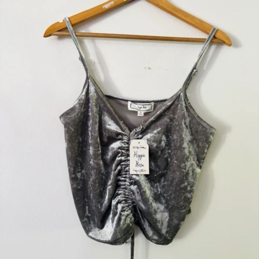 Hippie Rose Silver Cami Top M Gray Velour Crushed Velvet Ruched Drawstring Y2K